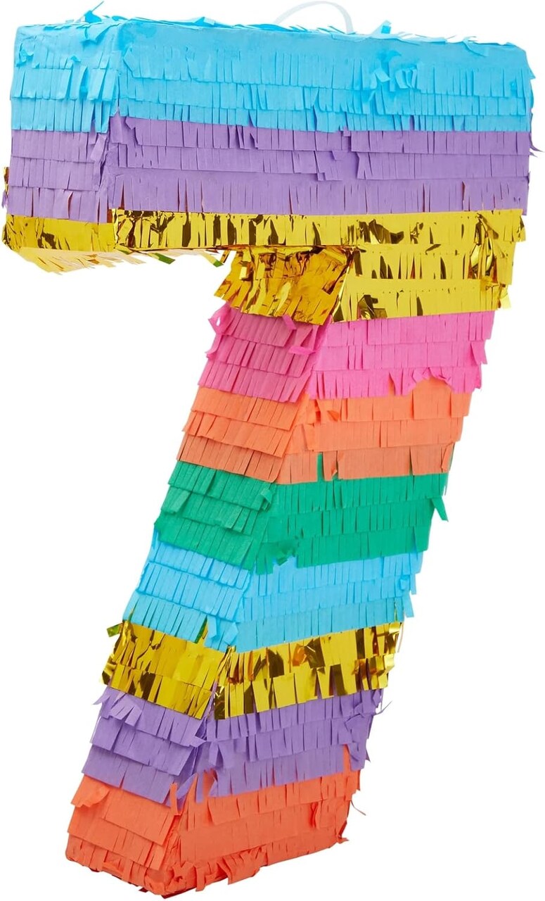 Rainbow Number 7 Pinata for 7th Birthday Party Decorations, Fiesta, Cinco de Mayo Celebration (Small, 12 x 16.75 x 3 Inches)